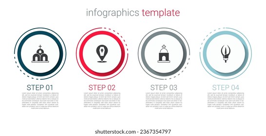 Set Church building, Coffin with cross, Old crypt and Lily flower. Business infographic template. Vector