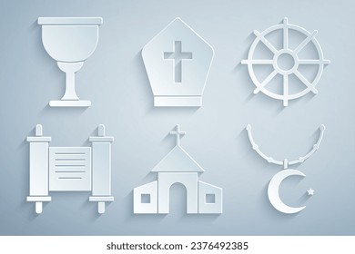 Kirchenbau, Dharma-Rad, Dekret, Papier, Pergament, Scroll, Stern und Halbmond auf Kette, Papsthut und Heiliger Gral oder Chalice-Symbol. Vektorgrafik