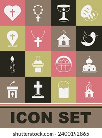 Set Church building, Dove, Christian chalice, cross on chain, Location church, heart and  icon. Vector