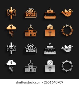 Set Church building, Dove, Crown of thorns, Donation for church, God's helping hand, Ark noah, Christian cross and Stained glass icon. Vector