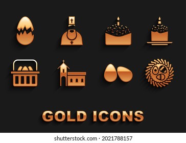 Set Church Building, Easter Cake And Candle, Egg Wicker Nest, Eggs, Basket With Easter, Broken And Priest Icon. Vector