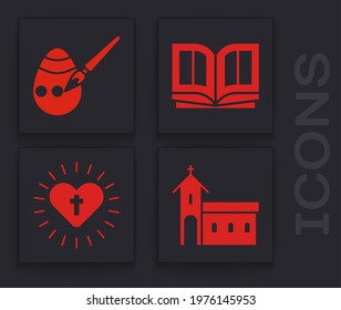 Set Church building, Easter egg and paint brush, Holy bible book and Christian cross and heart icon. Vector