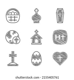 Set Church building, Easter egg, Christian cross heart, Grave with, globe, Coffin and Basket easter eggs icon. Vector