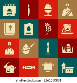 Set Church building, Easter egg, cake and eggs, Chicken on stand, Greeting card with Happy, Holy bible book, Calendar and Willow leaf icon. Vector