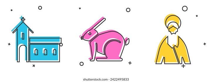 Set Church building, Easter rabbit and Jesus Christ icon. Vector