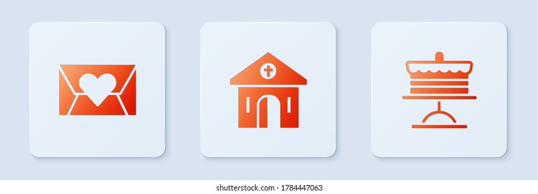 Set Church building, Envelope with Valentine heart and Cake on plate. White square button. Vector