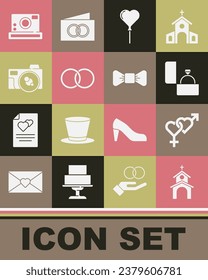 Set Church building, Gender, Diamond engagement ring, Balloons form of heart, Wedding rings, Photo camera,  and Bow tie icon. Vector