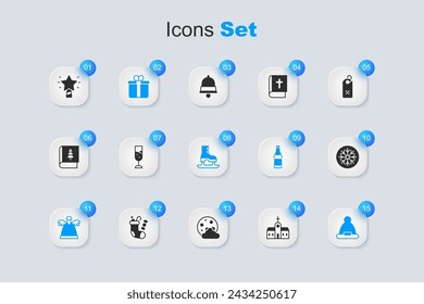 Set Church building, Glass of champagne, Gift box, Angel, Christmas Santa Claus hat, Snowflake, star and Skates icon. Vector