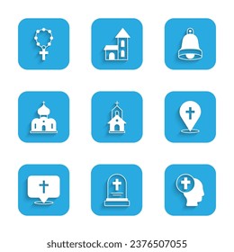 Set Church building, Grave with tombstone, Priest, Location church, bell and Rosary beads religion icon. Vector