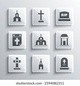 Set Church building, Grave with tombstone, Old crypt, cross, Calendar death,  and Tombstone RIP written icon. Vector