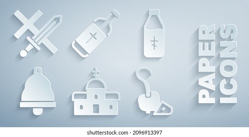 Set Church building, Holy water bottle, bell, Magic staff,  and Crusade icon. Vector