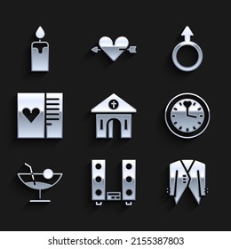Set Church building, Home stereo with two speakers, Suit, Clock, Cocktail, Postcard heart, Male gender symbol and Burning candle icon. Vector
