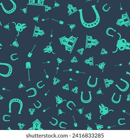 Set Church building, Horseshoe, Shovel and Buffalo skull on seamless pattern. Vector