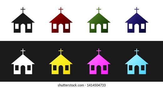 Set Church building icon isolated on black and white background. Christian Church. Religion of church. Vector Illustration