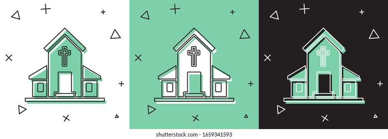 Set Church building icon isolated on white and green, black background. Christian Church. Religion of church.  Vector Illustration