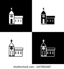 Set Church building icon isolated on black and white background. Christian Church. Religion of church. Vector Illustration