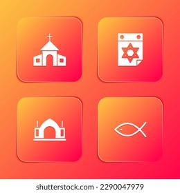 Set Church building, Jewish calendar, Hindu spiritual temple and Christian fish icon. Vector