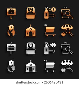 Set Church building, Searching for food, Shopping cart, Shelter homeless, Reception of glass bottles, Work search and Sleeping bag icon. Vector
