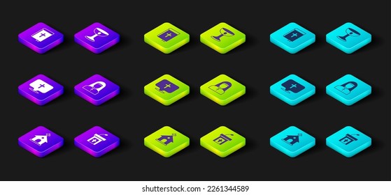 Set Church building, sermon tribune, Location church, Nun, Christian chalice and Holy bible book icon. Vector