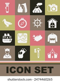 Set Church building, Sweater, Farm house, Volcano, Compass, Albatross, Flashlight and Ship steering wheel icon. Vector