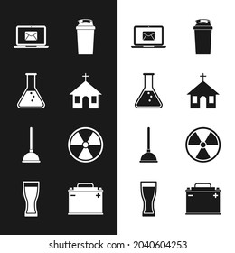 Set Church building, Test tube and flask, Laptop with envelope, Fitness shaker, Rubber plunger and Radioactive icon. Vector