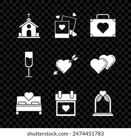 Set Church building, Two blanks photo frames and hearts, Suitcase for travel with, Bedroom, Calendar, Wedding arch, Glass of champagne and Amour symbol arrow icon. Vector