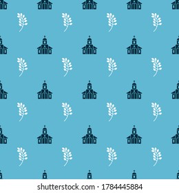 Bauen Sie Kirchengebäude und Willow-Blatt auf nahtlose Muster. Vektorgrafik