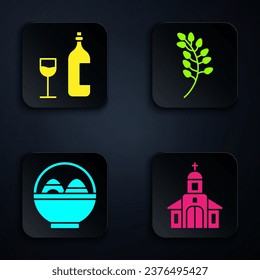 Set Church building, Wine bottle with glass, Basket with easter eggs and Willow leaf. Black square button. Vector