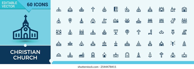 Set of Church line icons. Contains related to belief, church, building, doctrine, architecture, faith, exterior, christian. Collection for mobile and web apps. Vector icons editable stroke.