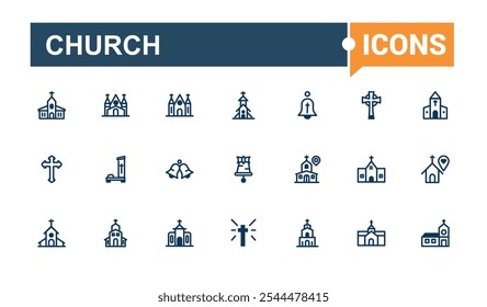 Conjunto de iconos de línea de la iglesia. Relacionado con casa, estructura, Cristo, católico, templo, edificio, doctrina y más. Web minimalista e iconos de interfaz de usuario. Ilustración vectorial en estilo de línea moderna.