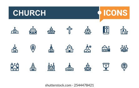 Conjunto de iconos de línea de la iglesia. Relacionado con casa, estructura, Cristo, católico, templo, edificio, doctrina y más. Web minimalista e iconos de interfaz de usuario. Ilustración vectorial en estilo de línea moderna.