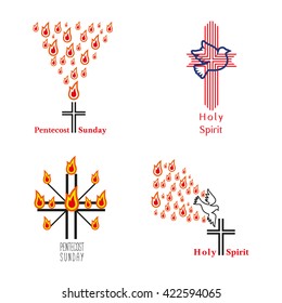 Set of church logo. Christian holiday concept. Holy spirit. Church sacrament symbol. Church icon. Holy cross. Biblical tongues of fire, cross, holy spirit dove. Pentecost Sunday. Vector illustration.