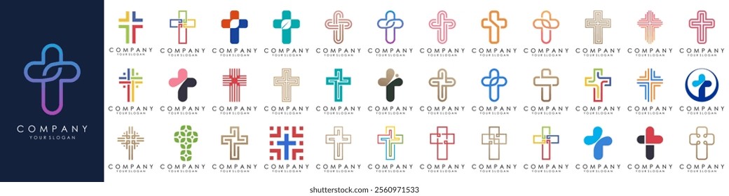 set of church logo design vector. minimal Jesus Christ Cross. line style concept for Christian Church Community inspiration