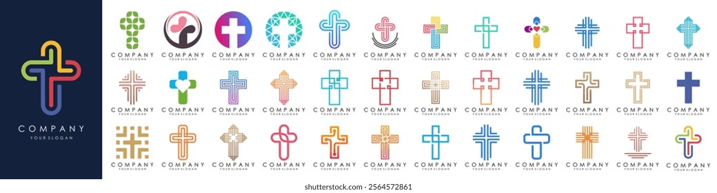 set of church logo design vector. minimal Jesus Christ Cross. line style concept for Christian Church Community inspiration