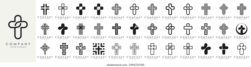 set of church logo design vector. minimal Jesus Christ Cross. line style concept for Christian Church Community inspiration
