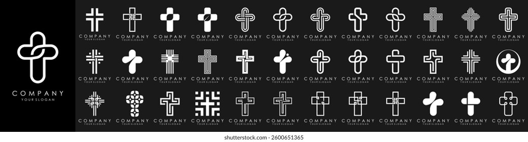 set of church logo design vector. minimal Jesus Christ Cross. line style concept for Christian Church Community inspiration