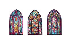 A Set Of Church Panes Decorated With Colored Mosaic Glass In Different Shapes.Beautiful Collection Of Vitreous Paint Windows With An Abstract Catholic Or Christian Decorations.