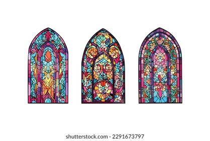 A set of church panes decorated with colored mosaic glass in different shapes.Beautiful collection of vitreous paint windows with an abstract Catholic or Christian decorations.