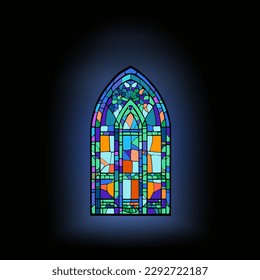 A set of church panes decorated with colored mosaic glass in different shapes.Beautiful collection of vitreous paint windows with an abstract Catholic or Christian decorations.