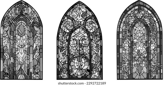 A set of church panes decorated with colored mosaic glass in different shapes.Beautiful collection of vitreous paint windows with an abstract Catholic or Christian decorations.