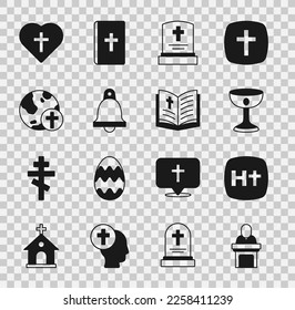 Set Church pastor preaching, Christian cross, chalice, Grave with tombstone, bell, globe, heart and Holy bible book icon. Vector
