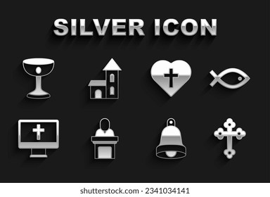 Set Church pastor preaching, Christian fish symbol, cross, bell, on monitor, heart, chalice and building icon. Vector