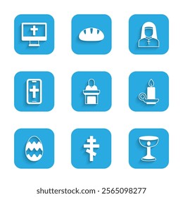 Set Church pastor preaching, Christian cross, chalice, Burning candle candlestick, Easter egg, on phone, Nun and monitor icon. Vector