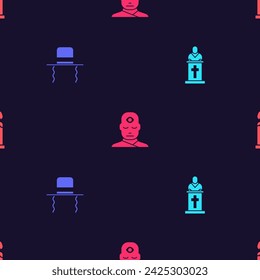 Set Church pastor preaching, Orthodox jewish hat with sidelocks, Man third eye and Burning candle on seamless pattern. Vector