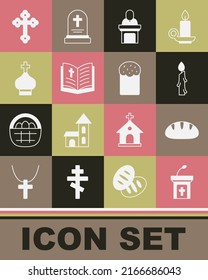 Set Church sermon tribune, Christian bread, Burning candle, pastor preaching, Holy bible book, church tower, cross and Easter cake icon. Vector