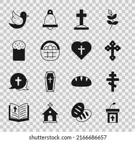 Set Church Sermon Tribune, Christian Cross, Grave With, Basket Easter Eggs, Easter Cake, Dove And In Heart Icon. Vector