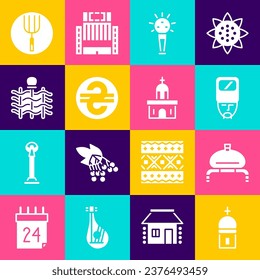Torre de la iglesia, Pan y sal, cosack ucraniano, Mace, hryvnia, valla de mimbre, horquilla de jardinería e ícono de edificio. Vector