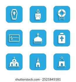 Set Church tower, building, Old crypt, Funeral urn, Beat dead monitor, Memorial wreath and Coffin with cross icon. Vector