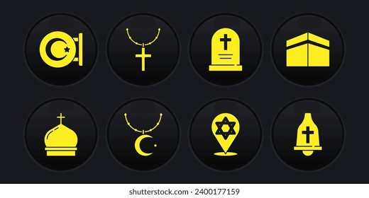 Set Church tower, Kaaba mosque, Star and crescent on chain, of David, Tombstone with cross, Christian, bell and  icon. Vector