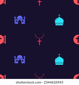 Set Church tower, Muslim Mosque, Christian cross on chain and  on seamless pattern. Vector